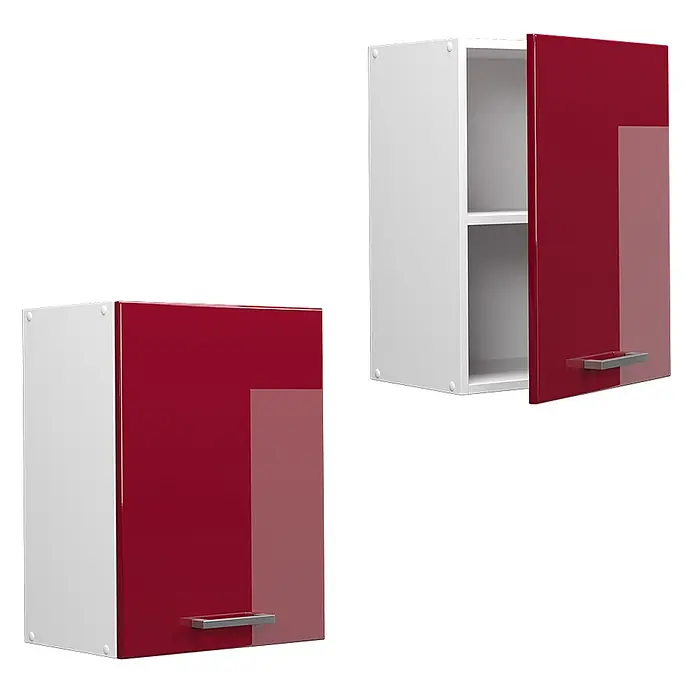 Vicco Schrankküche R-Line Rot Hochglanz - Rot Hochglanz, Hängeschrank 45 cm - Zwei weiße Hängeschränke mit hochglänzenden roten Türen und silbernen Griffen; einer ist offen, mit einem Regal.