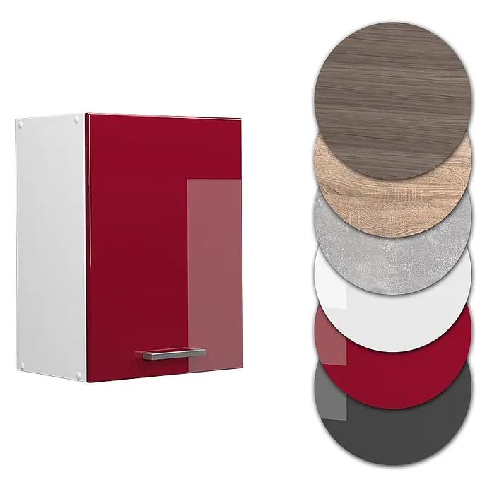 Vicco Schrankküche R-Line Rot Hochglanz - Rot Hochglanz, Hängeschrank 45 cm - Glänzender roter Wandschrank mit silbernem Griff, gezeigt mit Materialmustern in Holz, Beton, Weiß, Rot und Dunkelgrau.