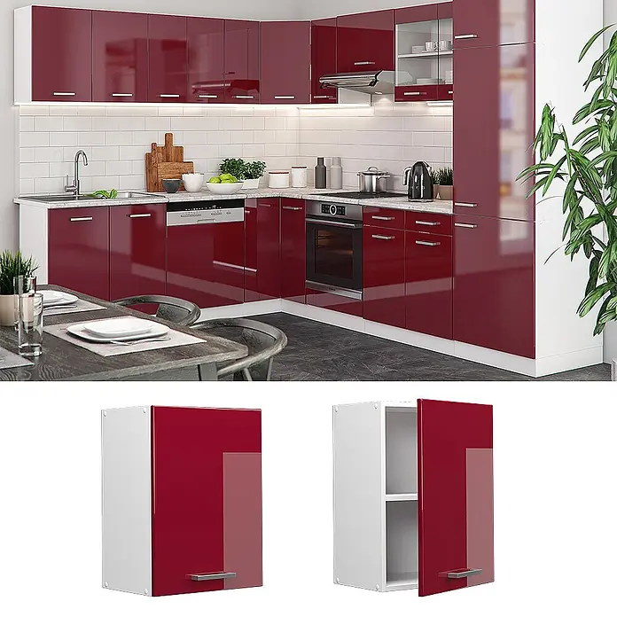 Vicco Schrankküche R-Line Rot Hochglanz - Rot Hochglanz, Hängeschrank 45 cm - Moderne L-förmige Küche mit glänzend roten Schranktüren, weißen Rahmen und Arbeitsplatte. Auch gezeigt: ein passender Hängeschrank, geschlossen und offen.
