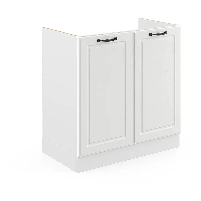 Vicco Schrankküche R-Line Weiß Landhaus ohne Arbeitsplatte - Weiß Landhaus, Spülenunterschrank 80 cm - Weißer Unterschrank mit zwei strukturierten Türen, schwarzen Griffen und weißer Sockelleiste.