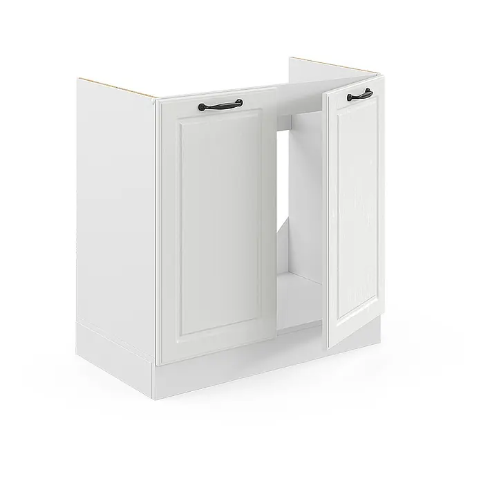 Vicco Schrankküche R-Line Weiß Landhaus, AP Eiche - Weiß Landhaus, Spülenunterschrank 80 cm - Weißer Küchenunterschrank mit zwei Kassettentüren und schwarzen Griffen, eine Tür offen, zeigt das Innere.