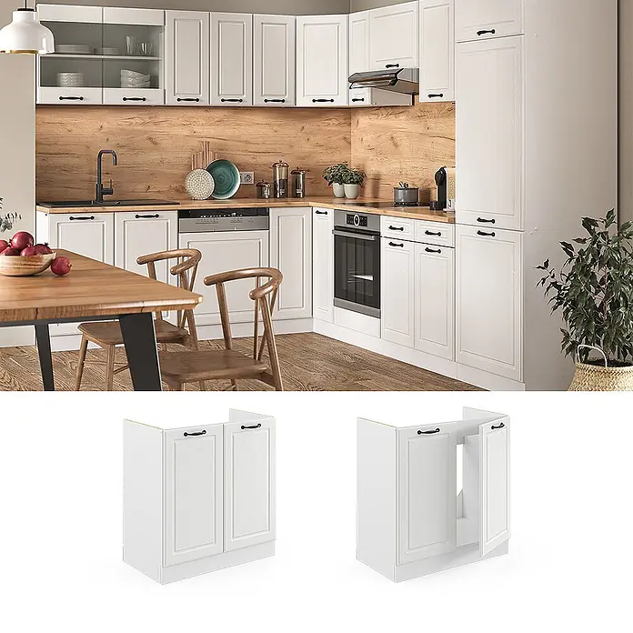 Vicco Schrankküche R-Line Weiß Landhaus, AP Eiche - Weiß Landhaus, Spülenunterschrank 80 cm - Weißer Kücheneckunterschrank mit Kassettenfronten und schwarzen Griffen, Teil einer modernen Küche.