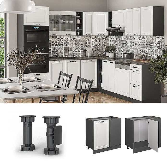 Vicco Schrankküche R-Line Weiß Landhaus, AP Anthrazit - Weiß Landhaus, Eckunterschrank 86 cm, AP Anthrazit - Moderne Küche mit weißen und dunkelgrauen Modulschränken, Eckschränken und verstellbaren Sockelfüßen.