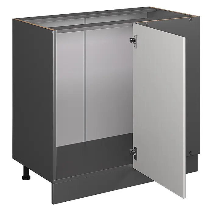 Vicco Schrankküche R-Line Weiß Landhaus, AP Anthrazit - Weiß Landhaus, Eckunterschrank 86 cm, AP Anthrazit - Dunkelgrauer Küchenunterschrank mit offener hellgrauer Tür.