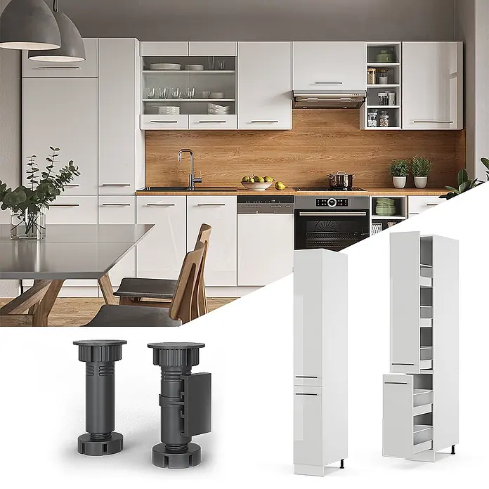 Vicco Schrankküche Fame-Line Weiß Hochglanz - Weiß Hochglanz, Apothekerhochschrank 30 cm - Moderne weiße Küche mit hohen Auszugsschränken. Verstellbare schwarze Möbelfüße bieten Halt für Küchenmöbel.