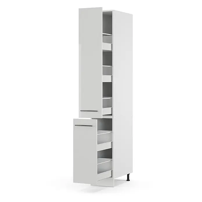 Vicco Schrankküche Fame-Line Weiß Hochglanz - Weiß Hochglanz, Apothekerhochschrank 30 cm - Hoher weißer Küchen-Vorrratsschrank mit zwei leicht geöffneten Türen, der ausziehbare Innenschubladen zeigt.
