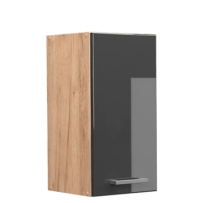 Vicco Schrankküche R-Line Anthrazit Hochglanz - Anthrazit Hochglanz, Hängeschrank 30 cm - Wandschrank mit heller Holzseite und glänzender anthrazitfarbener Tür mit silbernem Griff.
