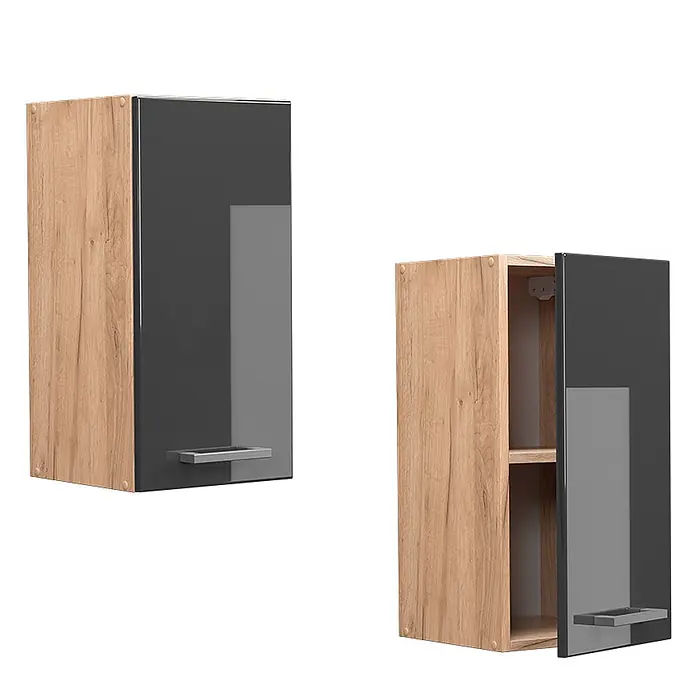 Vicco Schrankküche R-Line Anthrazit Hochglanz - Anthrazit Hochglanz, Hängeschrank 30 cm - Zwei Hängeschränke mit Eichenholz-Optik Seiten und glänzenden dunkelgrauen Türen. Einer ist geschlossen, der andere offen mit einem Einlegeboden.