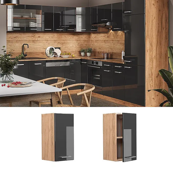 Vicco Schrankküche R-Line Anthrazit Hochglanz - Anthrazit Hochglanz, Hängeschrank 30 cm - Schwarze Hochglanz-Küchenschränke mit Holzelementen in moderner Küche. Geschlossener und offener Hängeschrank als Beispiel.