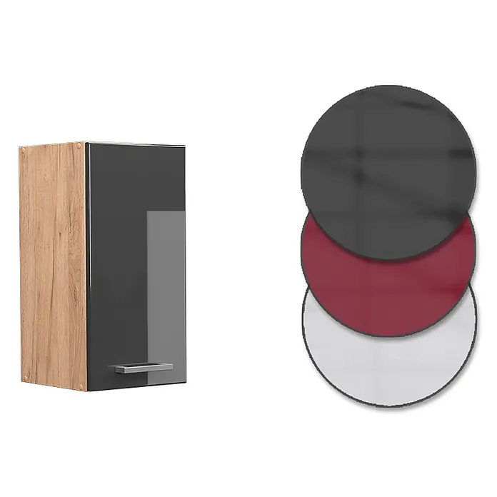 Vicco Schrankküche R-Line Anthrazit Hochglanz - Anthrazit Hochglanz, Hängeschrank 30 cm - Wandschrank mit heller Holzseite und hochglänzender dunkelgrauer Tür, gezeigt mit Farboptionen in Dunkelgrau, Bordeaux und Weiß.