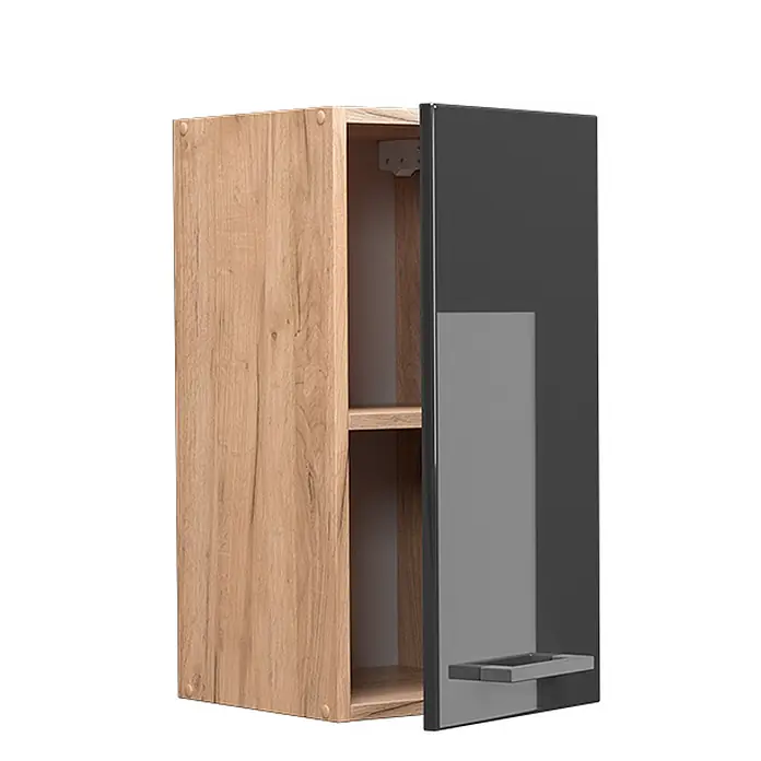 Vicco Schrankküche R-Line Anthrazit Hochglanz - Anthrazit Hochglanz, Hängeschrank 30 cm - Hängeschrank aus Holz mit hochglänzender, dunkelgrauer Tür, leicht geöffnet mit Innenregal.