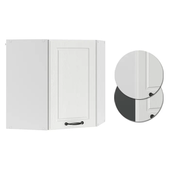 Vicco Schrankküche R-Line Weiß Landhaus - Weiß Landhaus, Eckhängeschrank 57 cm - Weißer Küchenhängeschrank mit texturierter Tür und schwarzem Griff.