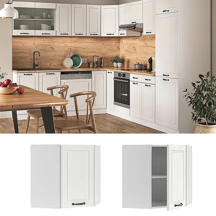 Vicco Schrankküche R-Line Weiß Landhaus - Weiß Landhaus, Eckhängeschrank 57 cm - Weiße Küche mit schwarzen Griffen und Holzdetails, inklusive Eck-Hängeschrank.