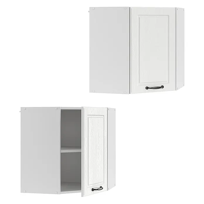 Vicco Schrankküche R-Line Weiß Landhaus - Weiß Landhaus, Eckhängeschrank 57 cm - Weißer Eck-Wandschrank mit strukturierter Tür, schwarzem Griff und Einlegeböden, geschlossen und offen dargestellt.