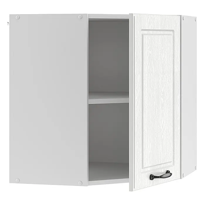 Vicco Schrankküche R-Line Weiß Landhaus - Weiß Landhaus, Eckhängeschrank 57 cm - Weißer Küchen-Wandschrank mit einer offenen Tür mit Zierleiste und schwarzem Griff, der zwei Innenböden zeigt.
