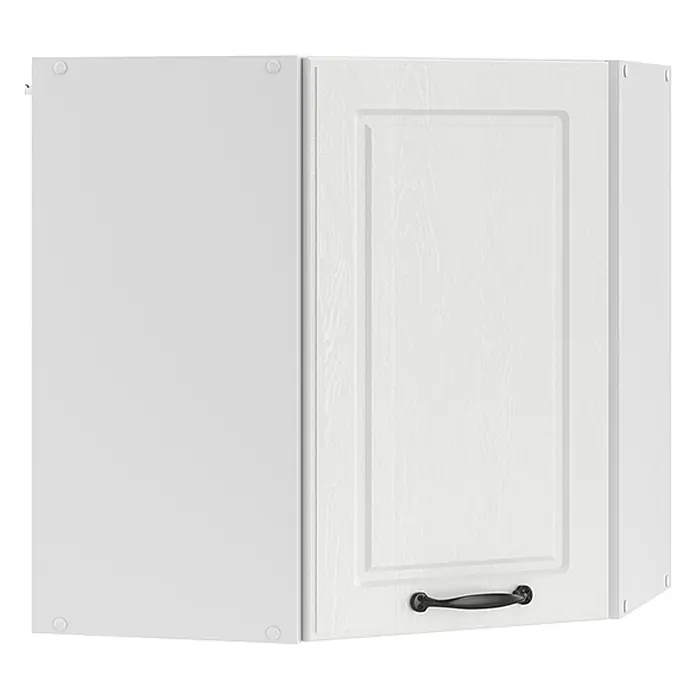 Vicco Schrankküche R-Line Weiß Landhaus - Weiß Landhaus, Eckhängeschrank 57 cm - Weißer Küchenhängeschrank mit heller Holzmaserungstür und schwarzem Griff.