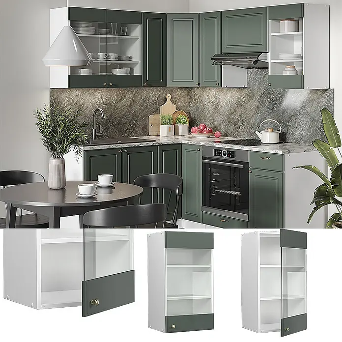 Vicco Schrankküche Fame-Line Grün-Gold Landhaus - Grün-Gold Landhaus, Hängeglasschrank 40 cm - Moderne grüne und weiße Eckküchenschränke mit Glastüren, installiert und als einzelne Module gezeigt.