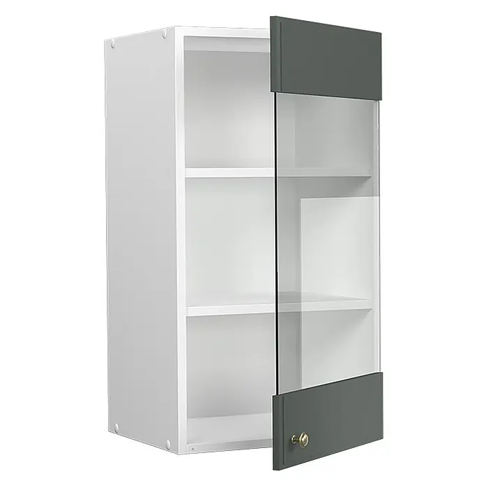 Vicco Schrankküche Fame-Line Grün-Gold Landhaus - Grün-Gold Landhaus, Hängeglasschrank 40 cm - Weißer Wandschrank mit dunkelgrauer und Glastür, mit goldenem Knauf, leicht geöffnet, drei Innenböden sichtbar.