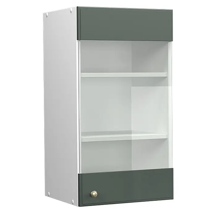 Vicco Schrankküche Fame-Line Grün-Gold Landhaus - Grün-Gold Landhaus, Hängeglasschrank 40 cm - Heller Hängeschrank mit dunkelgrauen Ober-/Unterseiten, Glastür, zwei Einlegeböden und goldenem Griff.
