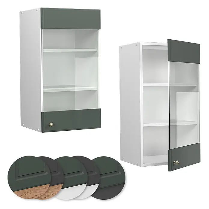 Vicco Schrankküche Fame-Line Grün-Gold Landhaus - Grün-Gold Landhaus, Hängeglasschrank 40 cm - Zwei weiße Hängeschränke mit Glastüren, dunkelgraugrünen Blenden und Messingknöpfen. Innenregale, in verschiedenen Ausführungen erhältlich.