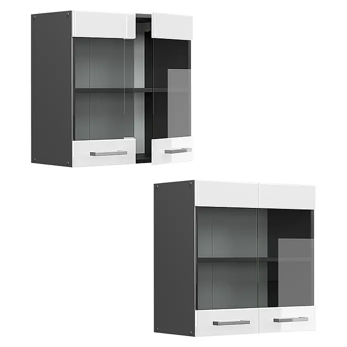 Vicco Schrankküche R-Line Weiß Hochglanz - Weiß Hochglanz, Hängeglasschrank 60 cm - Moderner grau-weißer Wandschrank mit Glastüren und unteren Staufächern.