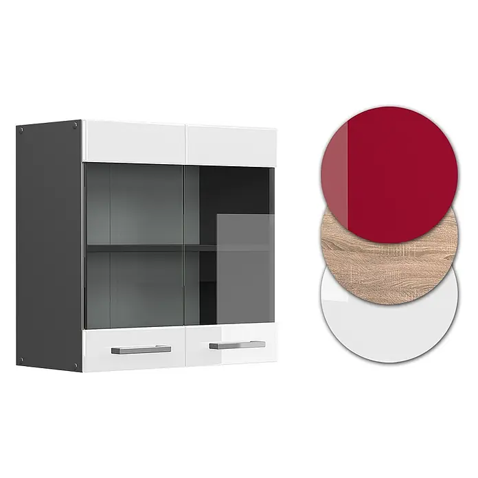 Vicco Schrankküche R-Line Weiß Hochglanz - Weiß Hochglanz, Hängeglasschrank 60 cm - Moderner Hängeschrank mit dunklem Korpus, Glastüren und weißen Schubladen. Fronten in Rot, Holzoptik oder Weiß erhältlich.