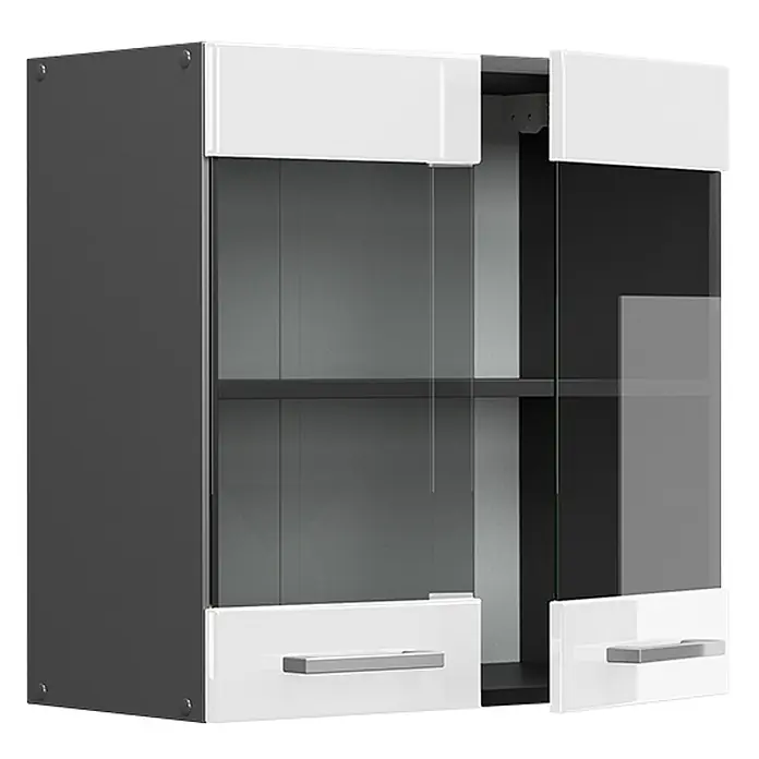 Vicco Schrankküche R-Line Weiß Hochglanz - Weiß Hochglanz, Hängeglasschrank 60 cm - Moderner Wandschrank mit Glastüren, zwei weißen Schubladen und dunkelgrauem Korpus.