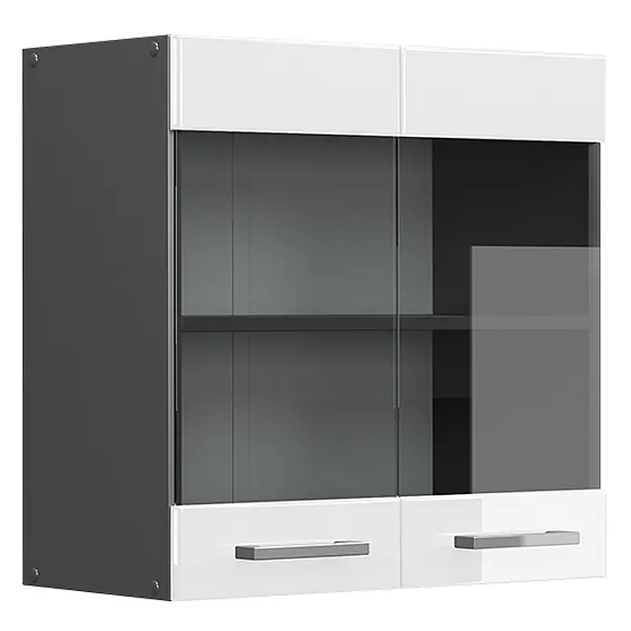 Vicco Schrankküche R-Line Weiß Hochglanz - Weiß Hochglanz, Hängeglasschrank 60 cm - Dunkelgrauer und weißer Hängeschrank mit zwei Glastüren, einem Innenregal und zwei Schubladen mit silbernen Griffen.