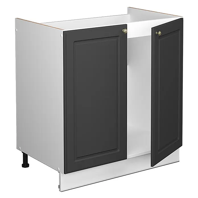 Vicco Schrankküche Fame-Line Anthrazit-Gold ohne Arbeitsplatte - Anthrazit-Gold, Spülenunterschrank 80 cm - Grauer Küchenunterschrank mit zwei Türen und Messinggriffen, eine Tür leicht geöffnet, mit weißem Innenraum.