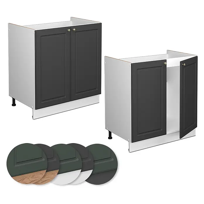 Vicco Schrankküche Fame-Line Anthrazit-Gold ohne Arbeitsplatte - Anthrazit-Gold, Spülenunterschrank 80 cm - Weißer Küchenunterschrank mit dunkelgrauen Kassettentüren, goldenen Griffen & verstellbaren Füßen, geschlossen und offen.