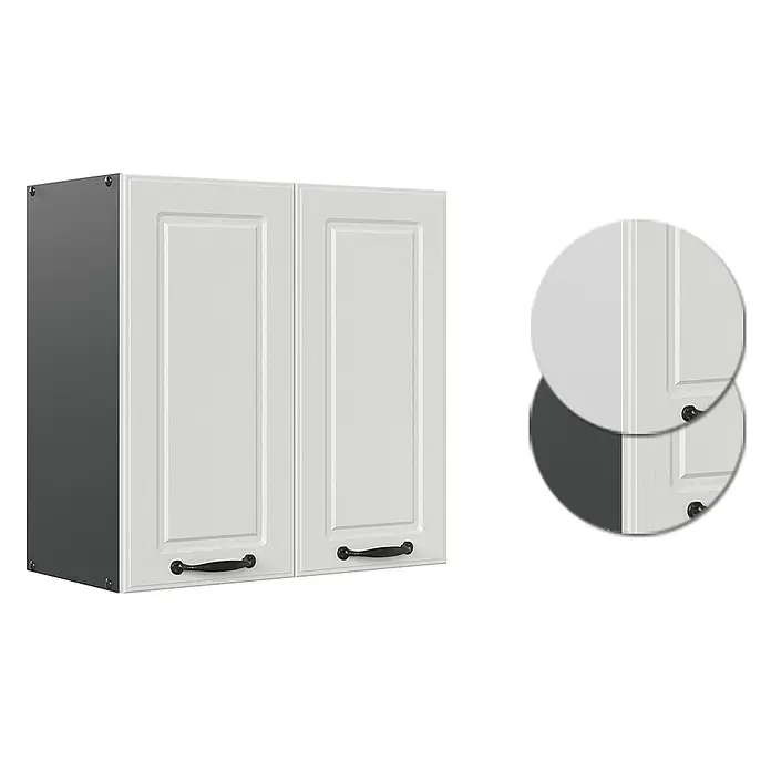 Vicco Schrankküche R-Line Weiß Landhaus - Weiß Landhaus, Hängeschrank 60 cm - Weißer zweitüriger Küchen-Hängeschrank mit dunkelgrauen Seiten und schwarzen Griffen.
