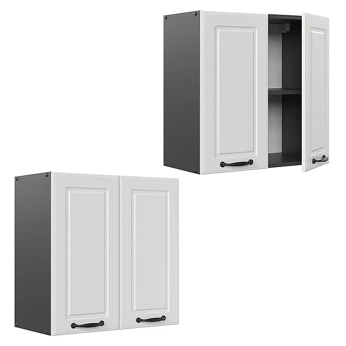 Vicco Schrankküche R-Line Weiß Landhaus - Weiß Landhaus, Hängeschrank 60 cm - Zwei weiße Küchenwandschränke mit dunkelgrauen Seiten und schwarzen Griffen. Ein Schrank ist offen und zeigt ein Innenregal.