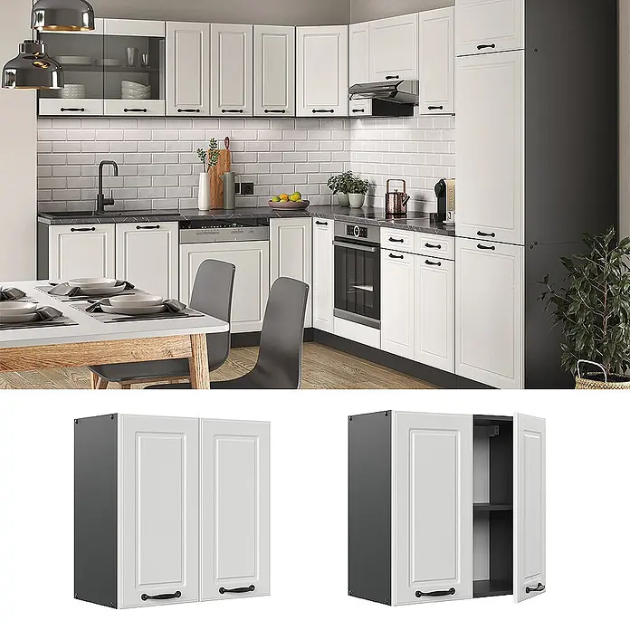 Vicco Schrankküche R-Line Weiß Landhaus - Weiß Landhaus, Hängeschrank 60 cm - Weißer doppeltüriger Hängeschrank im Shaker-Stil mit dunkelgrauen Seiten und Einlegeböden, geschlossen und offen gezeigt.
