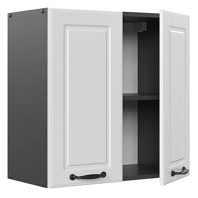 Vicco Schrankküche R-Line Weiß Landhaus - Weiß Landhaus, Hängeschrank 60 cm - Zweitüriger Küchen-Hängeschrank mit dunkelgrauem Korpus und cremefarbenen Kassettentüren. Eine Tür offenbart zwei Regalböden.