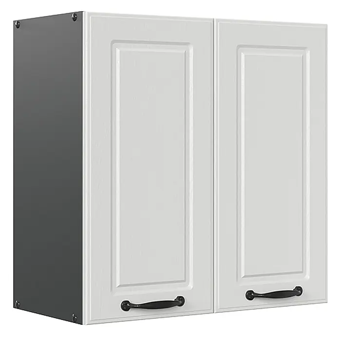 Vicco Schrankküche R-Line Weiß Landhaus - Weiß Landhaus, Hängeschrank 60 cm - Weißer zweitüriger Wandschrank mit schwarzen Griffen und einer dunkelgrauen Seitenplatte.