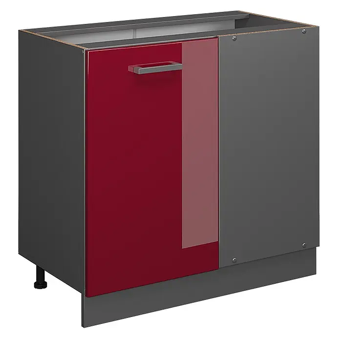 Vicco Schrankküche R-Line Rot Hochglanz ohne Arbeitsplatte - Rot Hochglanz, Eckunterschrank 86 cm - Grauer Küchenunterschrank mit hochglänzender roter Tür, Metallgriff und integrierter Sockelleiste.