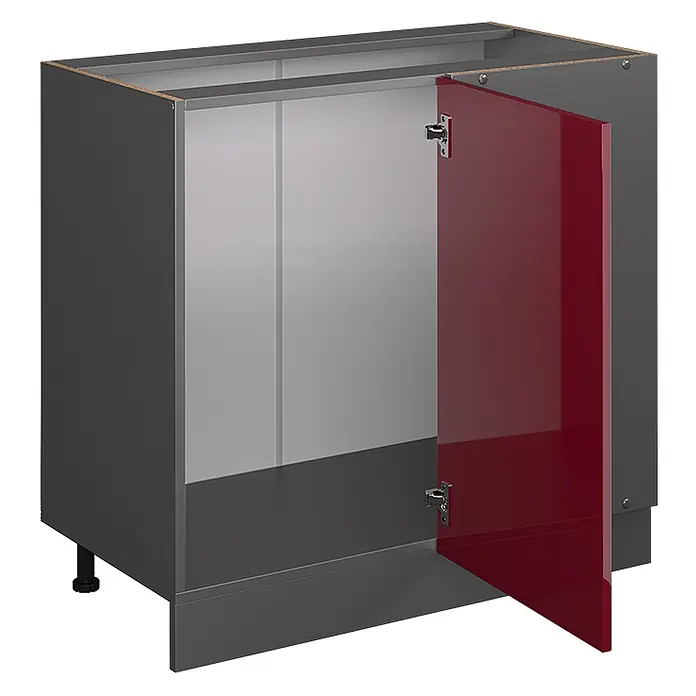 Vicco Schrankküche R-Line Rot Hochglanz, AP Anthrazit - Rot Hochglanz, Eckunterschrank 86 cm, AP Anthrazit - Moderner dunkelgrauer Küchenunterschrank mit offener, glänzender roter Tür und verstellbaren Füßen.