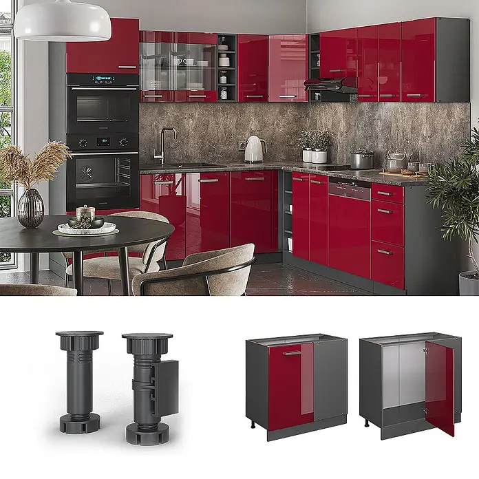Vicco Schrankküche R-Line Rot Hochglanz, AP Anthrazit - Rot Hochglanz, Eckunterschrank 86 cm, AP Anthrazit - Glänzende rote Küchenschränke mit dunkelgrauen Rahmen, verstellbaren Füßen und einem Eckunterschrank.