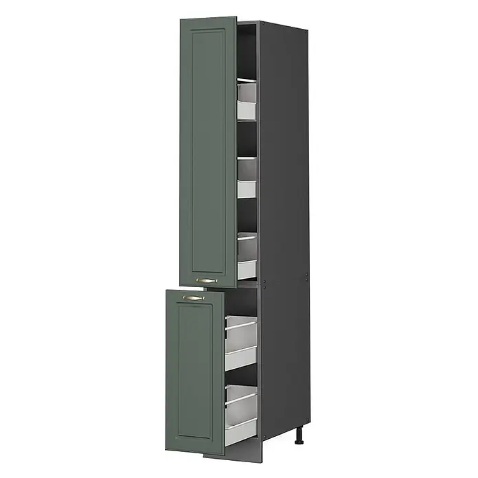 Vicco Schrankküche Fame-Line Grün-Gold Landhaus - Grün-Gold Landhaus, Apothekerhochschrank 30 cm - Hoher, dunkelgrauer Küchenschrank mit zwei geöffneten dunkelgrünen Shaker-Türen, zeigt weiße Auszüge.