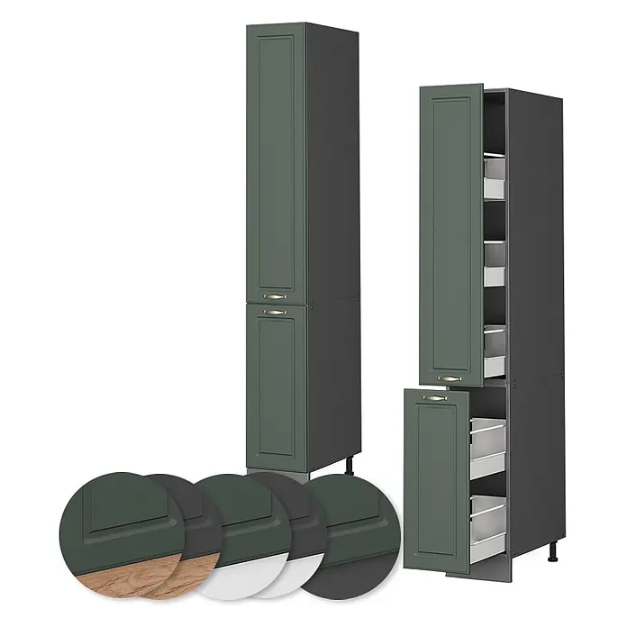 Vicco Schrankküche Fame-Line Grün-Gold Landhaus - Grün-Gold Landhaus, Apothekerhochschrank 30 cm - Matte dunkelgrüne Hochschränke mit Goldgriffen. Einer offen mit weißen Auszugskörben.