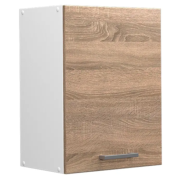 Vicco Schrankküche R-Line Sonoma - Sonoma, Hängeschrank 45 cm - Küchenhängeschrank mit heller Holzoptikfront, weißer Seitenwand und silbernem Griff. Inklusive Abdeckkappen.