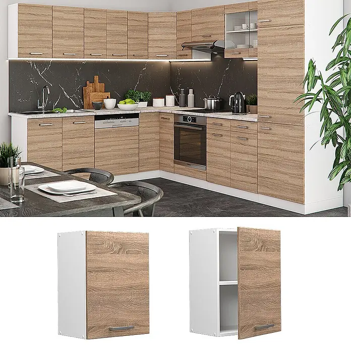 Vicco Schrankküche R-Line Sonoma - Sonoma, Hängeschrank 45 cm - Küchenschränke in Holzoptik mit weißen Rahmen und Einlegeböden, in einer modernen Küche angeordnet.