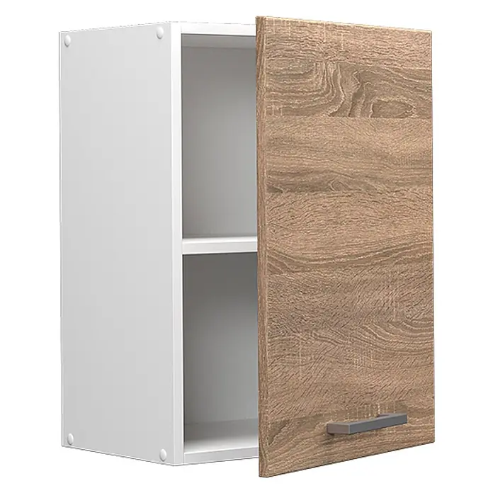 Vicco Schrankküche R-Line Sonoma - Sonoma, Hängeschrank 45 cm - Weißer Wandschrank mit heller Holzoptiktür, teilweise offen, zeigt ein Innenregal und einen silbernen Griff.