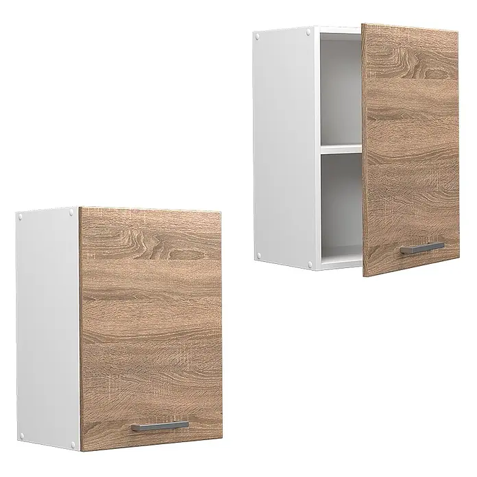 Vicco Schrankküche R-Line Sonoma - Sonoma, Hängeschrank 45 cm - Zwei weiße Hängeschränke mit hellen Holztüren und silbernen Griffen; einer offen, Fächer zeigend.