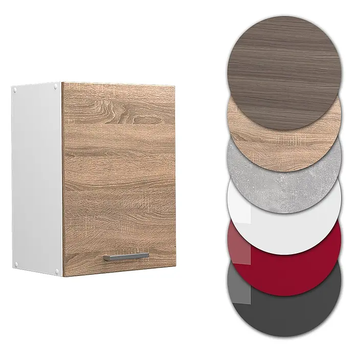 Vicco Schrankküche R-Line Sonoma - Sonoma, Hängeschrank 45 cm - Wandschrank mit heller Holzmaserungstür und weißem Rahmen, präsentiert mit verschiedenen Oberflächenoptionen.