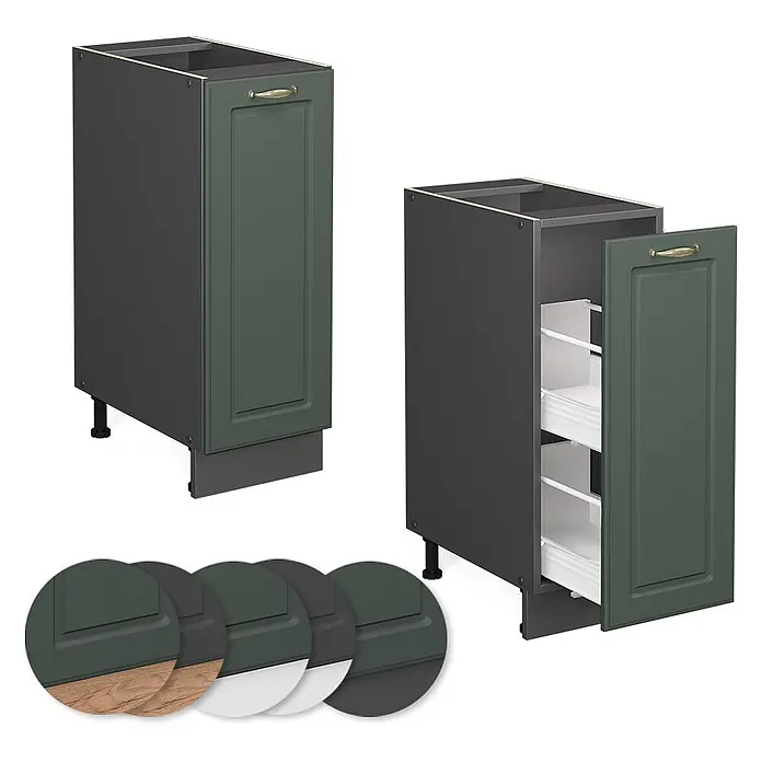 Vicco Schrankküche Fame-Line Grün-Gold Landhaus, AP Marmor - Grün-Gold Landhaus, Apothekerunterschrank 30 cm, AP Marmor - Dunkelgrüner Shaker-Küchenunterschrank mit Auszügen, dunkler Korpus, geschlossen und geöffnet dargestellt, mit Farbmustern.