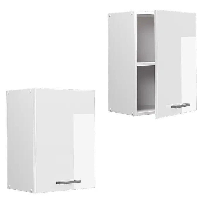 Vicco Schrankküche R-Line Weiß Hochglanz - Weiß Hochglanz, Hängeschrank 45 cm - Zwei weiße Hängeschränke, einer geschlossen und einer offen mit Fach, mit grauen Griffen.