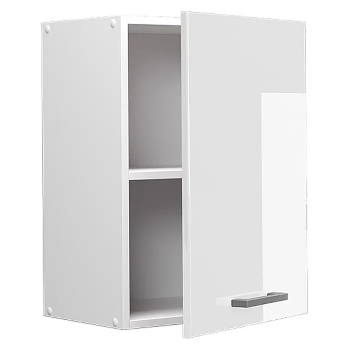 Vicco Schrankküche R-Line Weiß Hochglanz - Weiß Hochglanz, Hängeschrank 45 cm - Weißer Wandschrank mit offener Tür, zwei Einlegeböden und grauem Griff.