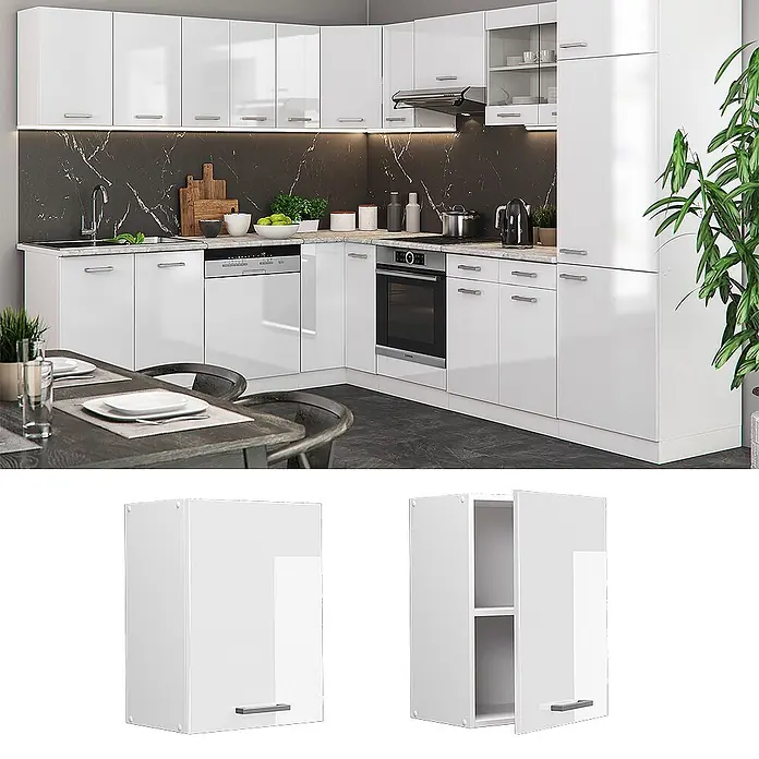 Vicco Schrankküche R-Line Weiß Hochglanz - Weiß Hochglanz, Hängeschrank 45 cm - Weiße Hochglanz-Küchenschränke, Unter- und Oberschränke, mit integrierten Geräten und Regalen.