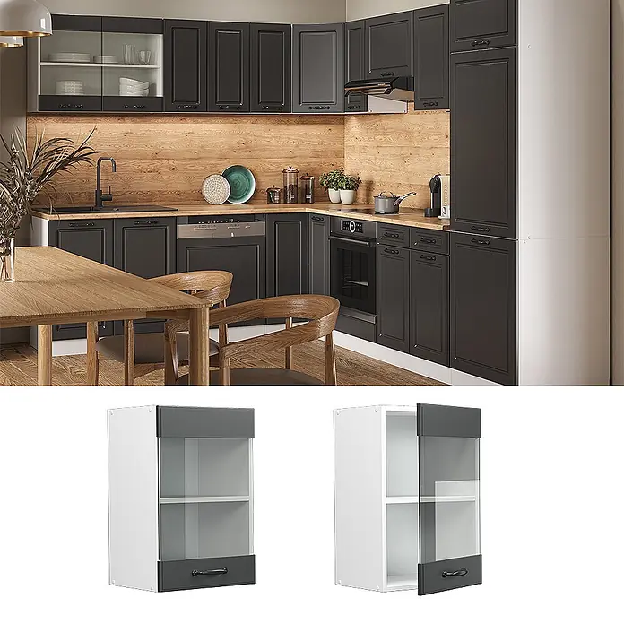Vicco Schrankküche R-Line Anthrazit Landhaus - Anthrazit Landhaus, Hängeglasschrank 40 cm - Weiß-dunkelgrauer Küchenoberschrank mit Glastür und Griff, in eine moderne Küche integriert.